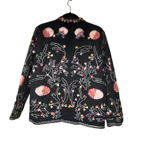 TAKE‎ TWO WOMEN'S M BLACK FLORAL EMBROIDERED BOHO BUTTON UP LONG SLEEVE JACKET - Picture 2 of 8